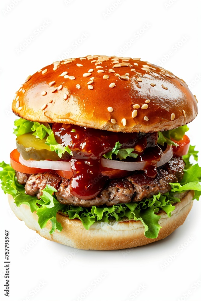 Hamburger sur fond blanc, steak de bœuf, salade oignons, sauce barbecue, ia générative Hamburger sur fond blanc, steak de bœuf, salade oignons, sauce barbecue, ia générative