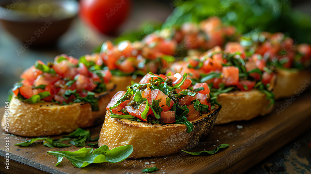 Fresh Bruschetta with Tomato and Basil on Wooden Board