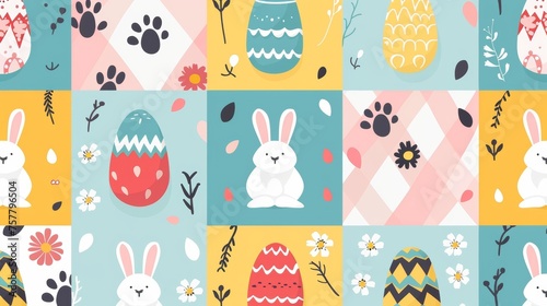Spring season repeated in fabric pattern for prints, wallpaper, cover, packaging, kids, ads, and packaging. Set of square cover design with easter egg, rabbit, paw, flower.