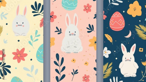 Set of seamless modern Easter cover design with easter egg, flowers, rabbits and foliage. Suitable for prints, wallpapers, covers, packaging, kids, ads...