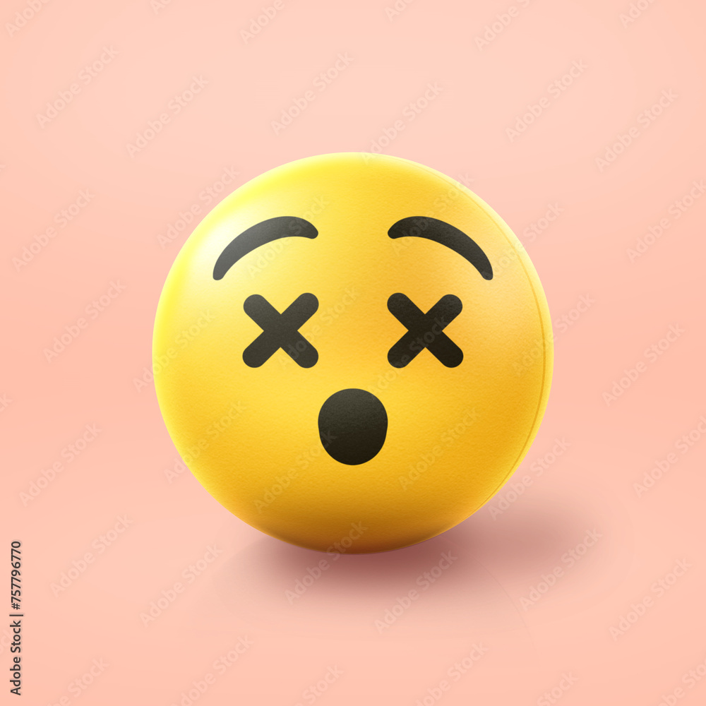 Fototapeta premium Knocked out dizzy or dead Emoji stress ball on shiny floor. 3D emoticon isolated.