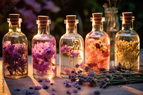 Tranquil aromatherapy oil bottles and vials with floral adornments for well-being