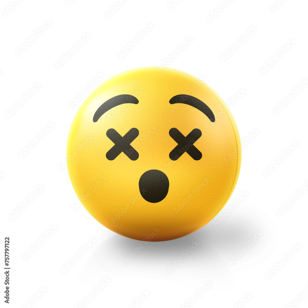 Fototapeta premium Knocked out dizzy or dead Emoji stress ball on shiny floor. 3D emoticon isolated.