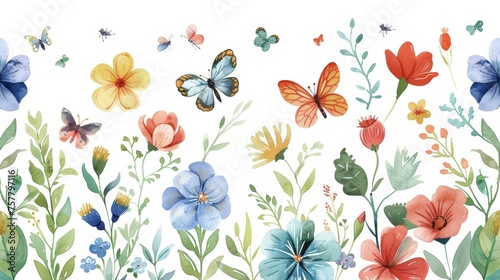 Background modern illustration of spring floral art. Watercolor hand-painted botanical flower, leaves, insects, butterflies. Suitable for wallpaper, posters, banners, cards, print, web, and