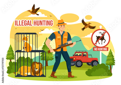 Illegal Hunting Vector Illustration by Shooting, Taking Wild Animals and Plants to Sell in Flat Cartoon Background Design