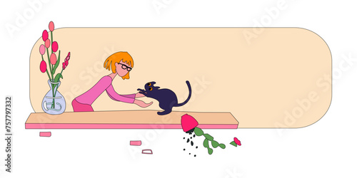 A young woman picks up a cat from the windowsill. The kitten dropped a flower pot. Scene of love and friendship between human and pet for poster. Flat vector illustration