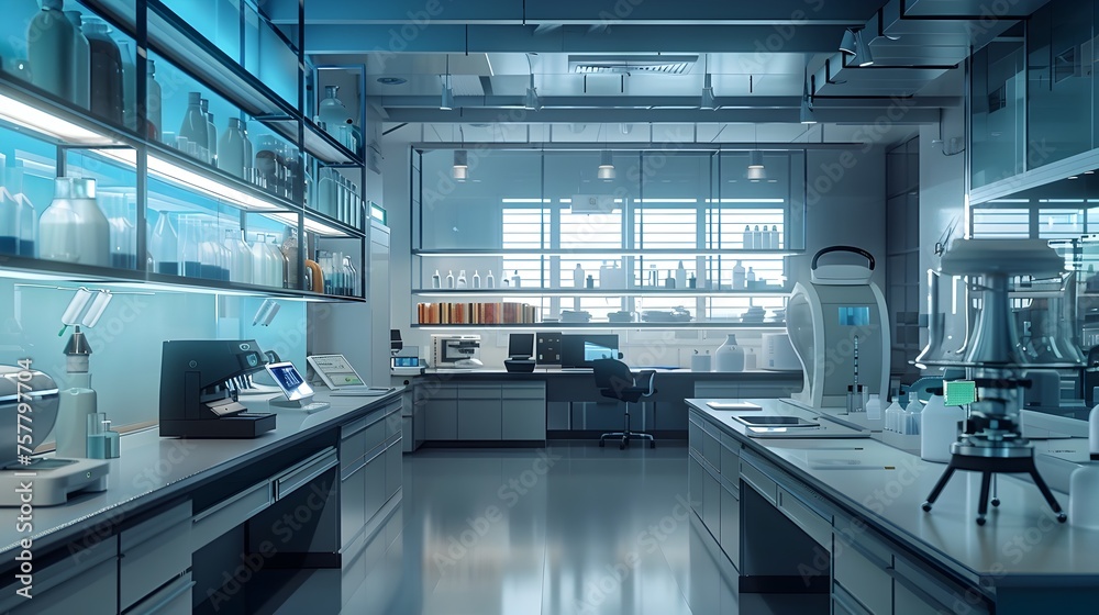 High-Tech Laboratory Interior with Advanced Equipment and Blue Light, Symbolizing Innovation and Discovery High-Tech Laboratory Interior with Advanced Equipment and Blue Light, Symbolizing Innovation and Discovery