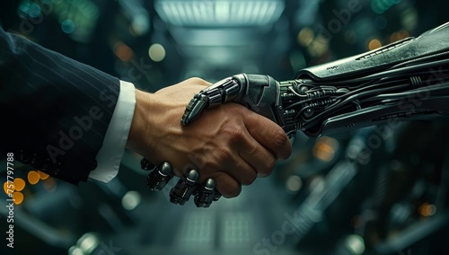 Photo of an AI robot and human shaking hands in a futuristic office, with a high-tech background. © Photo And Art Panda