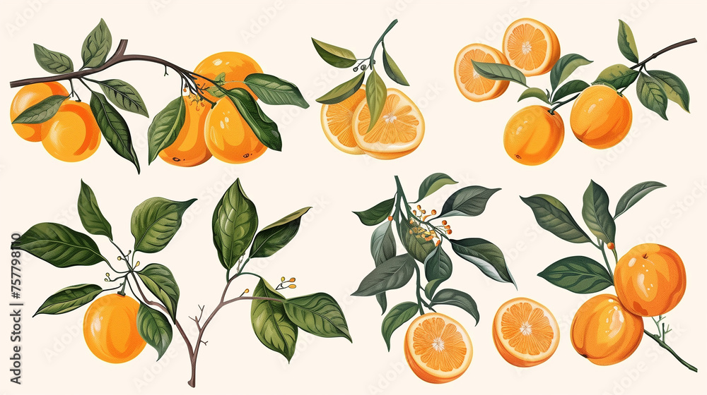set of vector illustrations, oranges with leaves and branches, vector illustration, hand drawn, pastel colors, vintage style, white background, high resolution. The illustrations are in the style of h