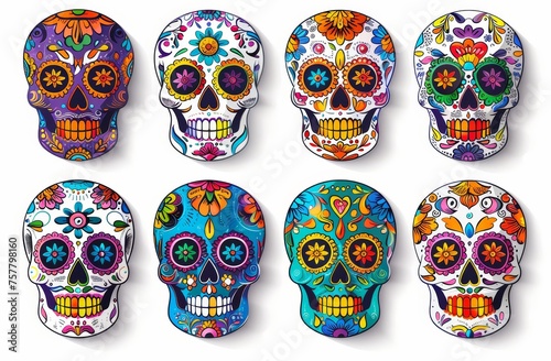 Set of colorful sugar skull stickers, 