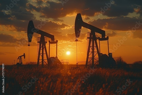 Silhouetted Oil Pumps at Sunset