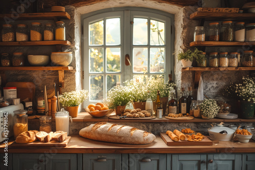 Freshly baked sourdough bread and pastries on a rustic kitchen counter