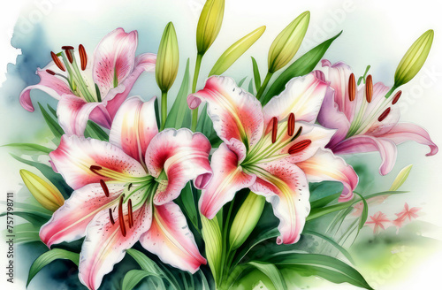 watercolor postcard, beautiful pink lilies © YuliaBulgakova