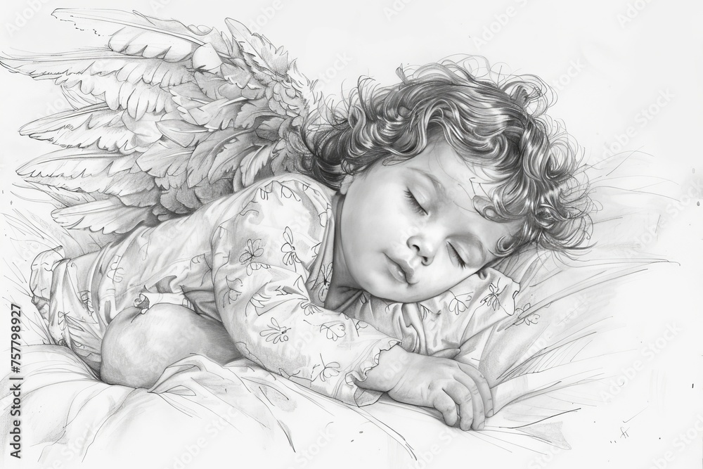  Angel baby sleeping on the bed with wings spread out behind him