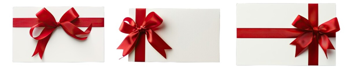 Collection of PNG. Blank white gift card with red ribbon bow isolated on a transparent background.