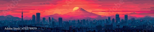 japanese city skyline with Mount Fuji in the background, sunset, red sky