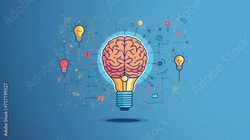 A light bulb with a brain inside of itA light bulb with a brain inside of it. The light bulb is surrounded by many other light bulbs and other objects. Concept of intelligence and creativity photo
