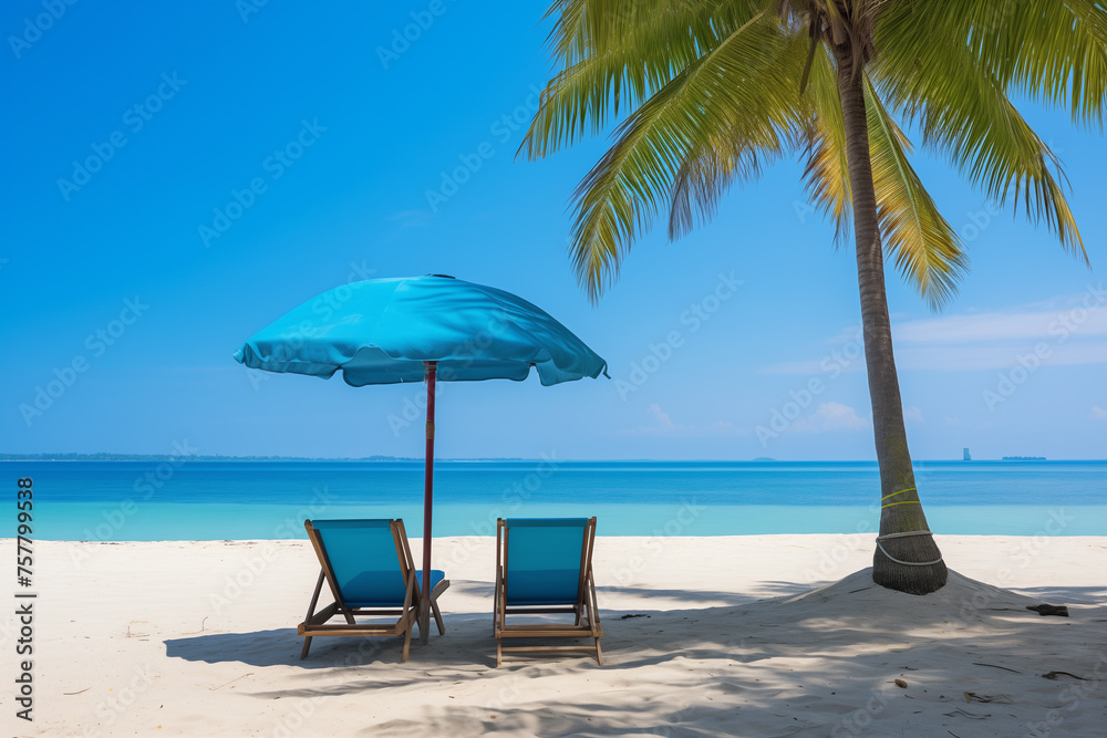 Deck chair and beach umbrellas on sand in summer time, Coconut tree.