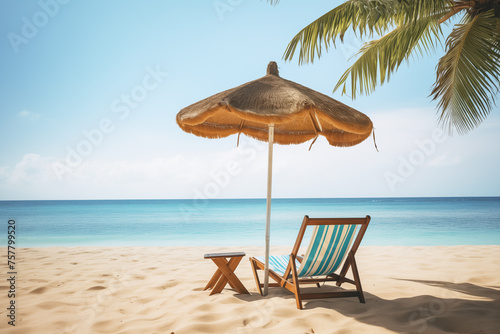 Deck chair and beach umbrellas on sand in summer time  Coconut tree.