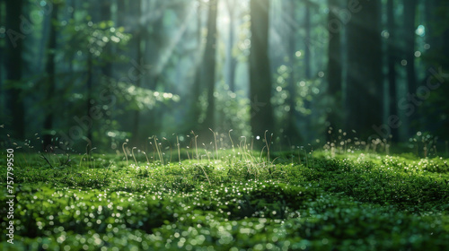 This enchanting image captures the magical glow of sunlight filtering through a forest, illuminating plants and creating an ethereal atmosphere