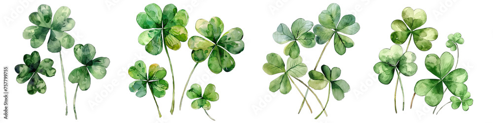 Collection of PNG. Watercolor drawing of clover leaves. St. Patrick's Day isolated on a transparent background. - obrazy, fototapety, plakaty 