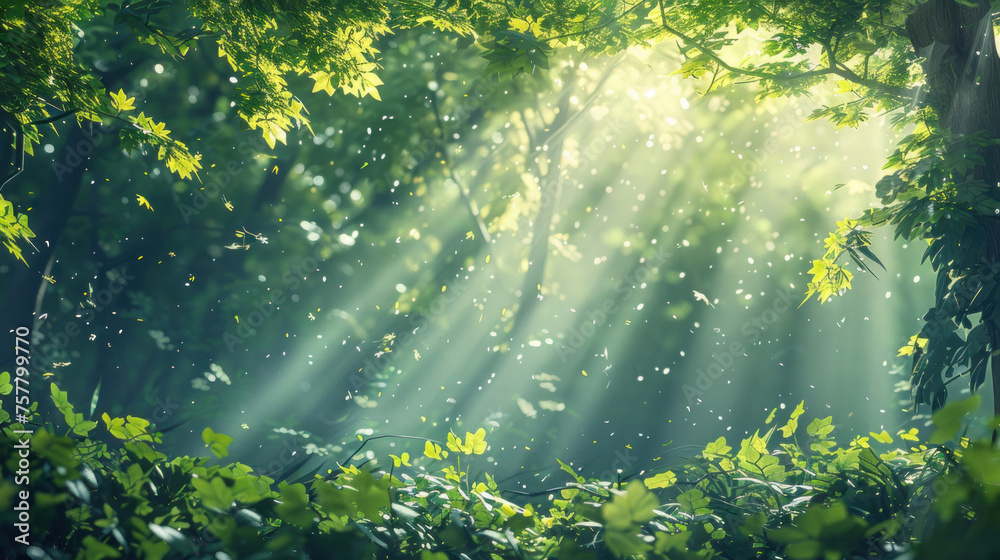 A breathtaking view of sunrays piercing through a green forest, with mystical floating specks in the air - obrazy, fototapety, plakaty 