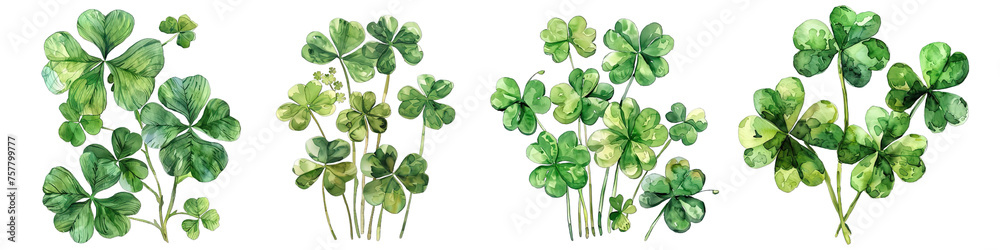 Collection of PNG. Watercolor drawing of clover leaves. St. Patrick's Day isolated on a transparent background.