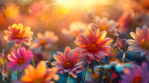 A stunning close-up of a flower field in the sunlight, perfect for nature backgrounds or gardening advertisements.