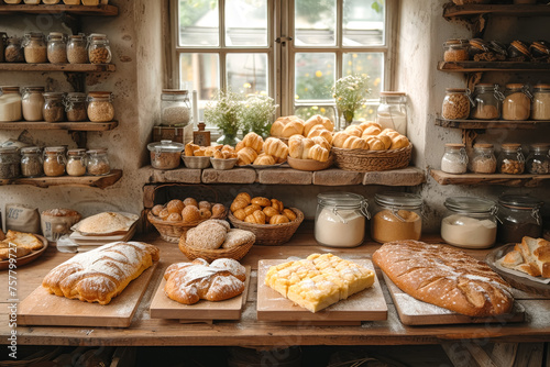 homemade freshly baked sourdough bread and pastries on a rustic cozy kitchen