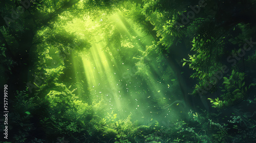 An awe-inspiring image of a dense green forest bathed in sunlight beams and floating particles