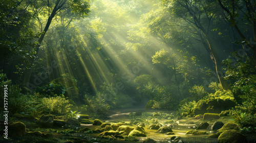 A tranquil image featuring sunrays breaking through the foliage in a mist-covered forest, highlighting the serene beauty of nature