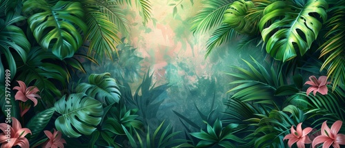 This tropical foliage art background modern is a digital print design with palm  floral and leaves with watercolor brush textures. It can be used for wallpaper installation  wall art  prints  fabric 