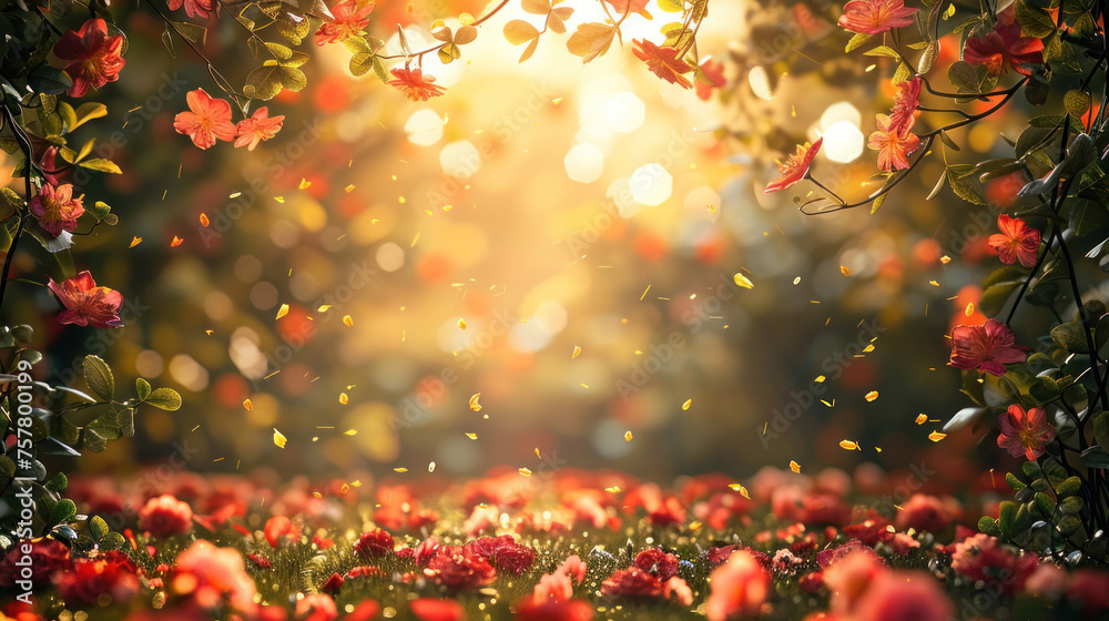 A magical view of a blooming garden with warm sun rays piercing through, illuminating the flowers and plants