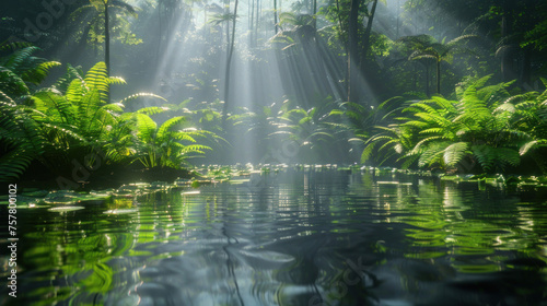 Sunbeams pierce through the dense jungle canopy  illuminating the lush ferns and calm water in this tranquil scene