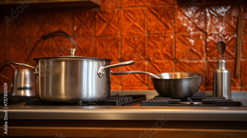 Sauce pan on burner with backsplash in kitchen ..