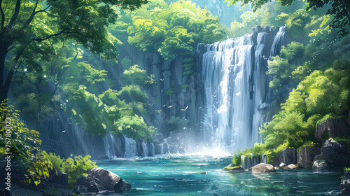 A majestic and powerful waterfall cascades down a rock face, surrounded by a vibrant, lush green forest