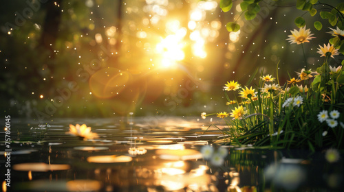 Stunning sunrise view over a lake, flowers with dew drops in the foreground sparkling in the sun