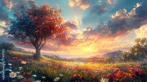 A lone tree stands amidst a sunset-drenched field of wildflowers, symbolizing growth and hope