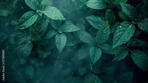 Intimate portrayal of raindrops adorning lush green leaves, illustrating nature's delicate balance photo