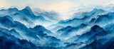 Modern blue mountain background. Oriental landscape background with watercolor brush texture for wallpaper and wall art.