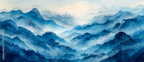 Modern blue mountain background. Oriental landscape background with watercolor brush texture for wallpaper and wall art.