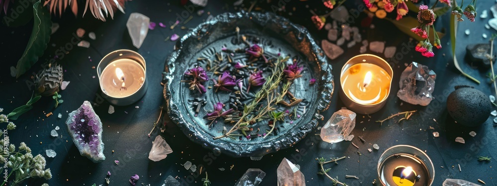 Mystical atmosphere, plate with herbs candles and crystals - obrazy, fototapety, plakaty 