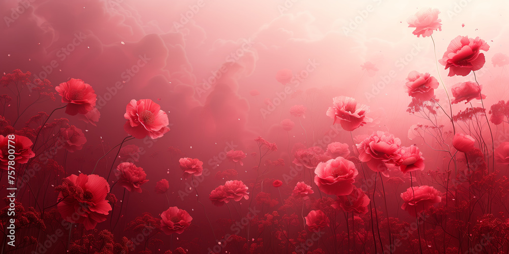 Dreamy Scene of Numerous Red Flowers Blooming Amidst a Misty, Red-Tinted Atmosphere