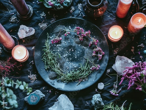 Mystical atmosphere  plate with herbs candles and crystals