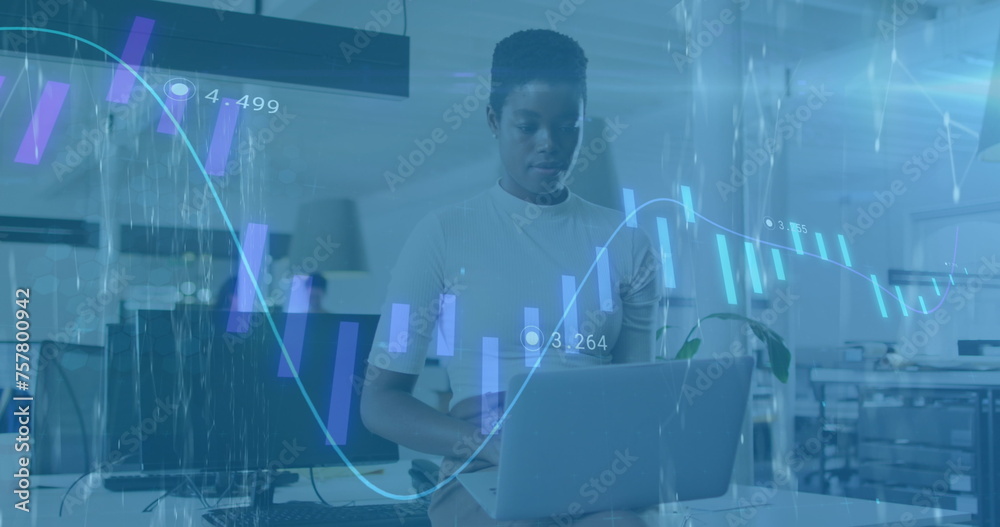 Image of financial data processing over diverse business people in office Image of financial data processing over diverse business people in office