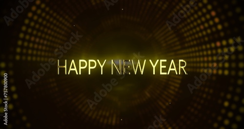 Image of happy new year text and lights on black background