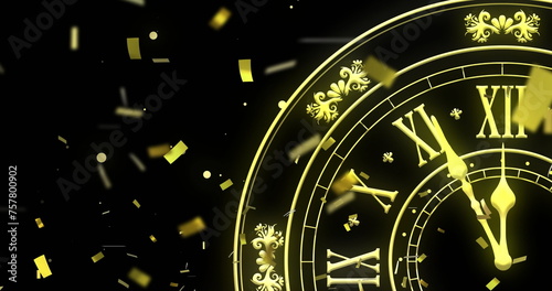 Image of clock showing midnight, confetti and fireworks exploding on black background