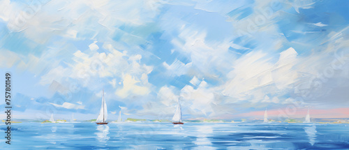 Sea yacht oil painting. Abstract blue seascape with cu