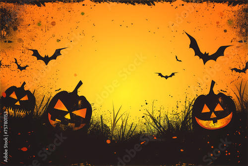 Spooky Halloween Theme: Carved Pumpkins and Flying Bats Silhouetted Against an Ominous Orange Sunrise or Sunset