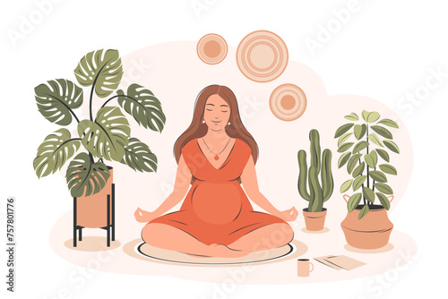 Pregnant woman meditates. Concept yoga, meditation, relax, health, pregnancy, motherhood, physical and mental health. Vector illustration.